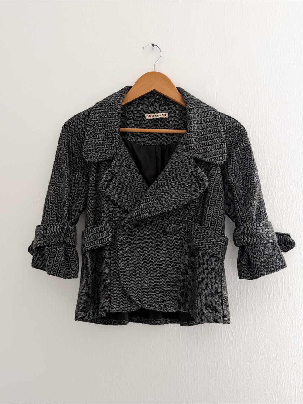 Forever 21 Grey Tweed Fitted Belted Half Sleeve Blazer Jacket